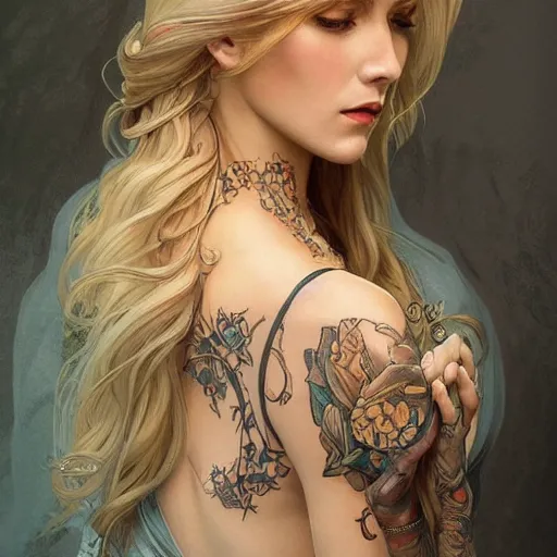 Image similar to ultra realistic illustration, a hot and beautiful tattooed blonde slavic woman in her 3 0's, intricate, elegant, highly detailed, digital painting, artstation, concept art, smooth, sharp focus, illustration, art by artgerm and greg rutkowski and alphonse mucha