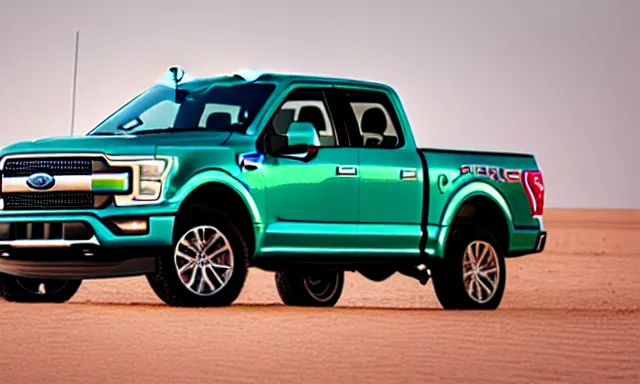 Prompt: Ford F150 Green Ombre 2022 Truck on a Red Sand Beach, nebula sunset
