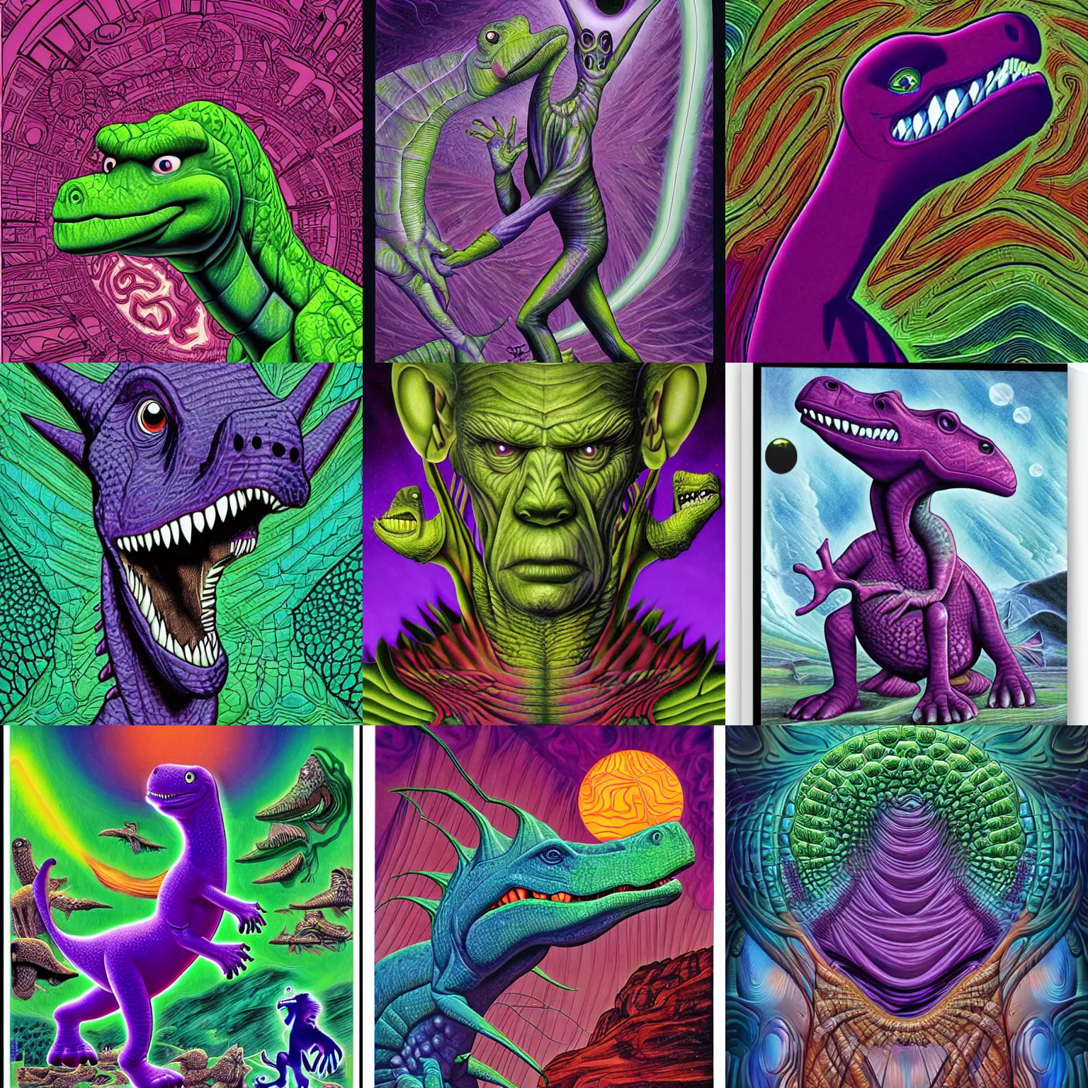 Prompt: barney the dinosaur by alex grey and android jones