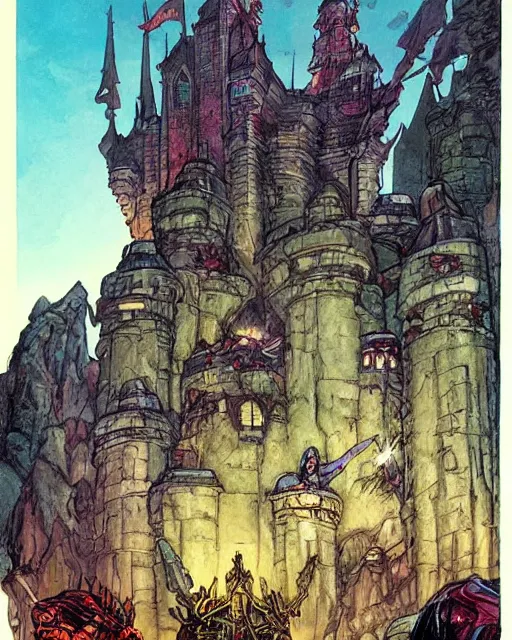 Image similar to beautiful comic book art of a fantasy castle by alan lee and simon bisley, robots in the background by simon stalenhag and jack kirby