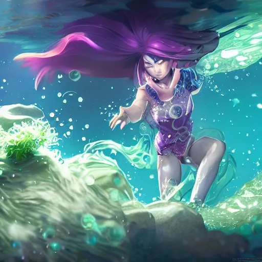 Prompt: female water mage, high quality character design, action pose : : spotlight, magical, seapunk, seaweed, bubbles, high detail, 1 6 k, oled, shadows, reflections, by rossdraws