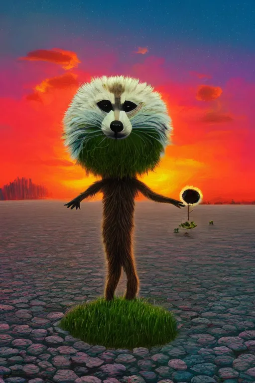 Image similar to giant daisy flower head, anthropomorphic raccoon on salt flats, surreal photography, sunrise, dramatic light, impressionist painting, colorful clouds, digital painting, artstation, simon stalenhag