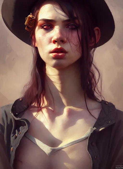 Prompt: young angry woman, beautiful girl, full body, beehive hair, cowboy hat, realistic, serov, surikov, vasnetsov, repin, kramskoi, insanely detailed, charlie bowater, tom bagshaw, high resolution, octane rendered, unreal engine, illustration, trending on artstation, masterpiece, 8 k