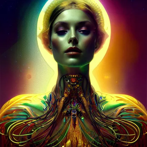 Image similar to extremely psychedelic beautiful cyborg queen of lsd infected by night. intricate, elegant, highly detailed, extremely lifelike photorealistic digital painting, artstation. steichen, gaston bussiere, tom bagshaw, cyberpunk alphonse mucha. elegant minimalism. anatomically correct. sultry. sharp focus. gold. surreal lush hallucination