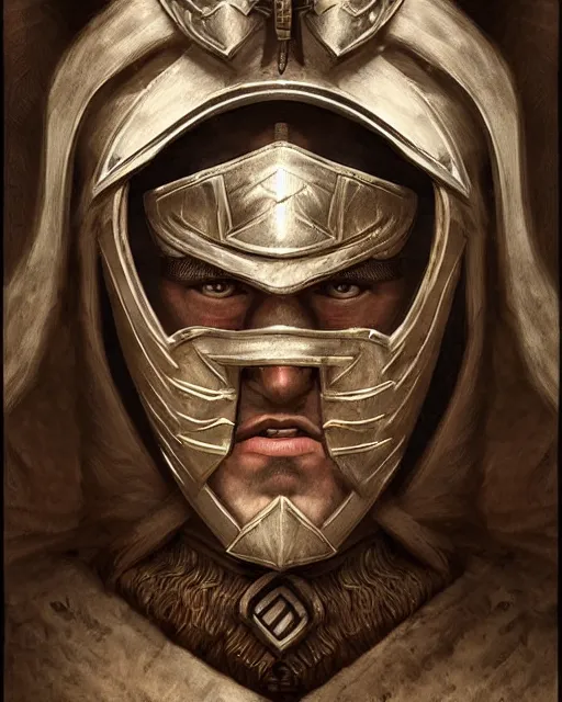 Prompt: digital painting of masked incan warrior, by filipe pagliuso and justin gerard, symmetric, fantasy, highly detailed, realistic, intricate, portrait, sharp focus, tarot card, face, handsome, peruvian, ax