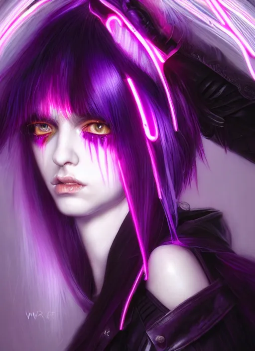 Image similar to hair whitebangs hair, black cyberlox, portrait of normal teenage girl with white bangs, messy bangs, cyberlox, whitebangs, red irises, purple clothes, intricate, elegant, glowing lights, highly detailed, digital painting, artstation, concept art, sharp focus, smooth, illustration, art by wlop, mars ravelo and greg rutkowski