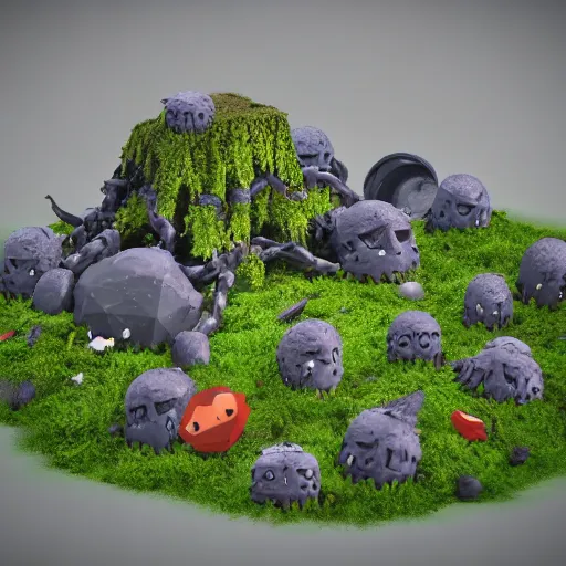 Image similar to voidless of the festival!, The Graveyard!!, large group of crabs and worms, crawling along a bed of moss, low poly, creeper world, handcrafted, artstation, hyperrealistic, hard light, best practices, creeptastic, photorealism, macro perspective, cuddly