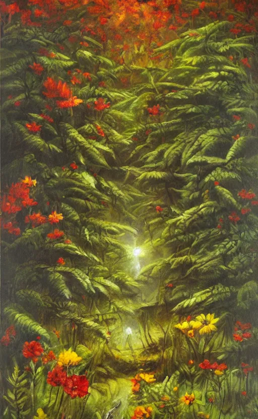 Image similar to hungry flowers in the forest, oil painting by the best painter, emotional, amazing lightning