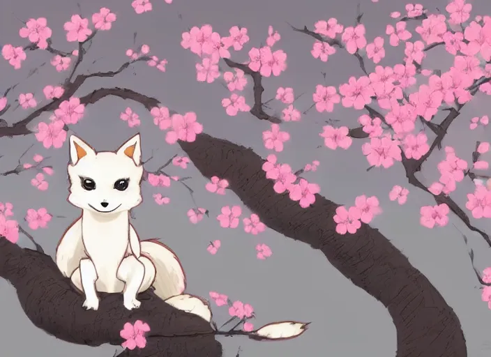 Prompt: cute little kitsune in a cherry blossom tree. trending on artstation.