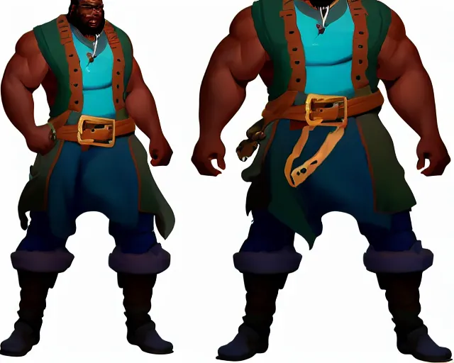 Image similar to sea of thieves character portrait concept art for a huge hulking muscular african american man wearing a blue jacket shirt pants and boots with a pegleg, cgsociety, trending on artstation, rare ltd,