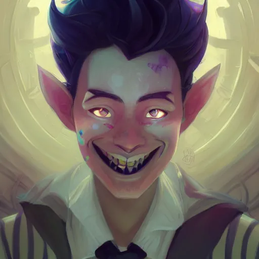 Image similar to a portrait of a cinematic still of the happy mask salesman, art by lois van baarle and loish and ross tran and rossdraws and sam yang and samdoesarts and artgerm and saruei and takaya imamura, digital art, highly detailed, intricate, sharp focus, trending on artstation hq, deviantart, unreal engine 5, 4 k uhd image