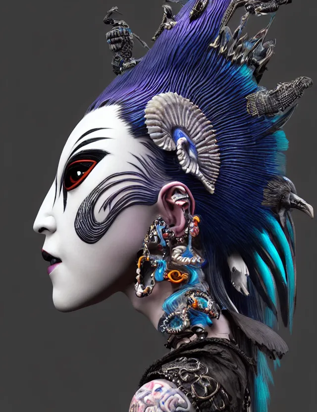 Image similar to 3 d goddess close - up profile portrait punk with mohawk with ram skull. beautiful intricately detailed japanese crow kitsune mask and clasical japanese kimono. betta fish, jellyfish phoenix, bio luminescent, plasma, ice, water, wind, creature, artwork by tooth wu and wlop and beeple and greg rutkowski