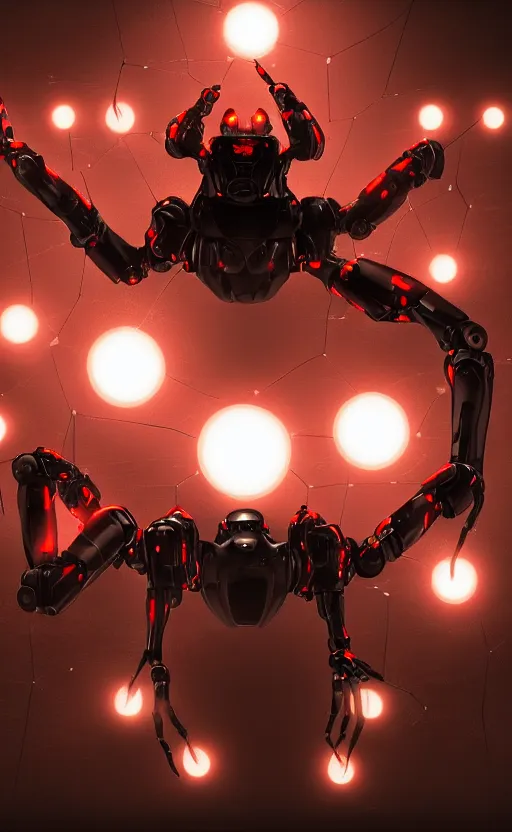 Image similar to a robot humanoid spider with 4 arms with claws, glowing red eyes, in a black carbon and red fiber armor, smiling creepily, dynamic lighting, photorealistic fantasy concept art, trending on art station, stunning visuals, creative, cinematic, ultra detailed