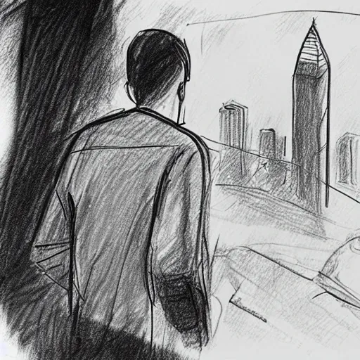 Image similar to a rough pencil sketch of two people watching their city get bombed