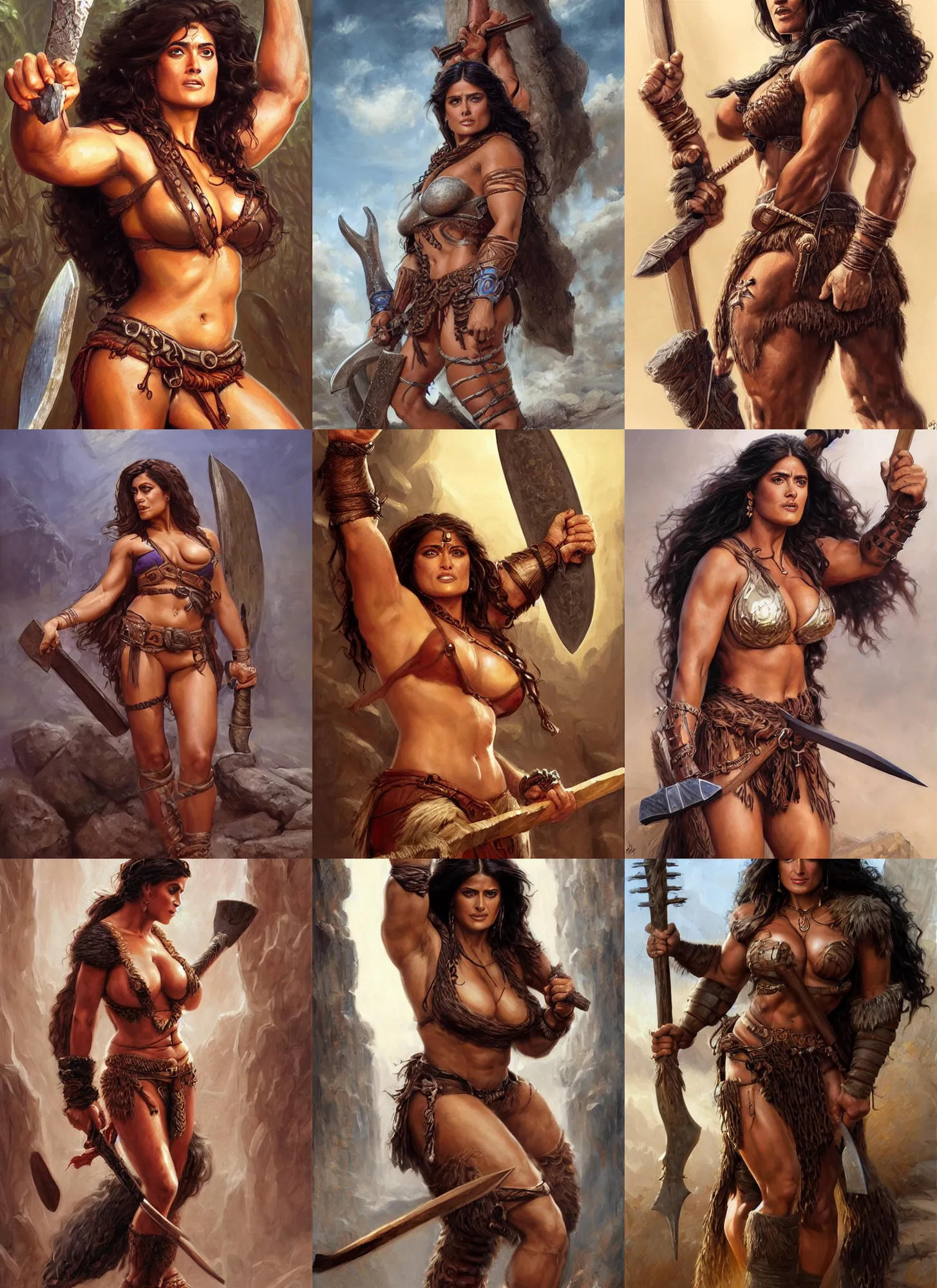 Prompt: portrait of very muscled salma hayek as barbarian with axe drawn hiding from a few scary creepy mummies, elegant, highly detailed, centered, digital painting, artstation, concept art, artgerm, donato giancola, joseph christian leyendecker, wlop, boris vallejo, artgerm