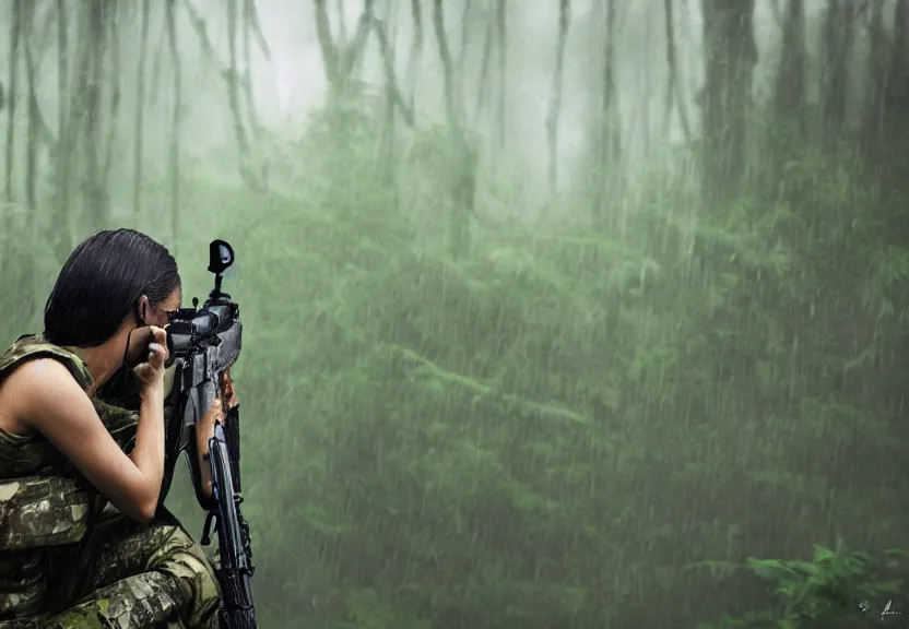 Image similar to female tactical sniper hiding in the jungle artwork rain diffuse elegant prefect symmetrical focus foggy mist