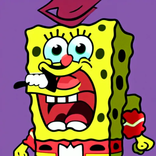 Image similar to spongebob with a horrific face expression, detailed, disgusting