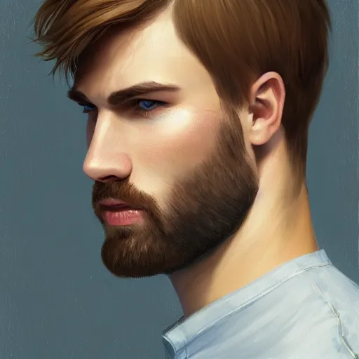 Image similar to tall chunky man in his twenties with brown blond short regular haircut and round facial structure with cleft chin, straight eyebrows, big grey blue eyes, small grinn, cheekbones, straight nose, wider face, shadow of beard, atmospheric lighting, painted, intricate, 4 k, highly detailed by charlie bowater