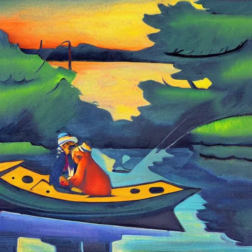 Prompt: Cubist painting of two elves fishing in a boat at sunset on a quiet pond