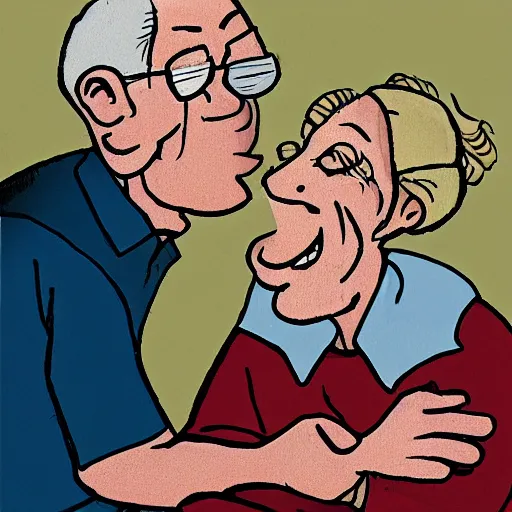 Image similar to an older couple talking to each other drawn by by raymond briggs