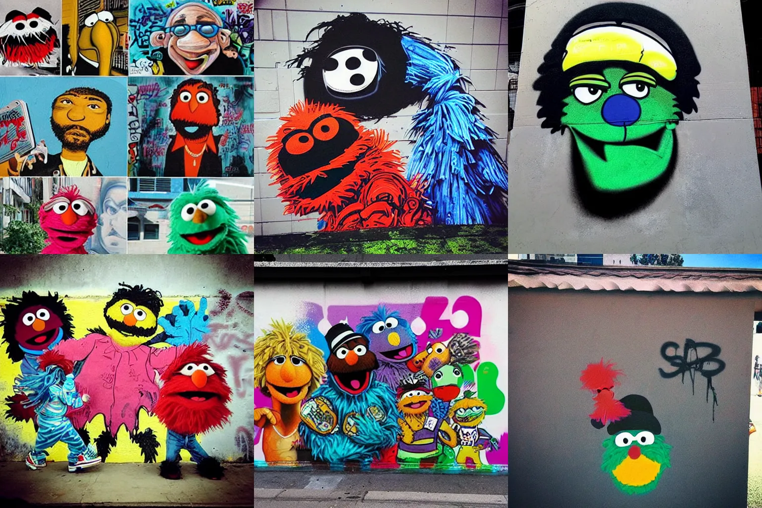 Prompt: “Sesame Street characters, LA street gang, snoop, ice cube, nwa, 90s, rough, style street art, graffiti, spray paint”