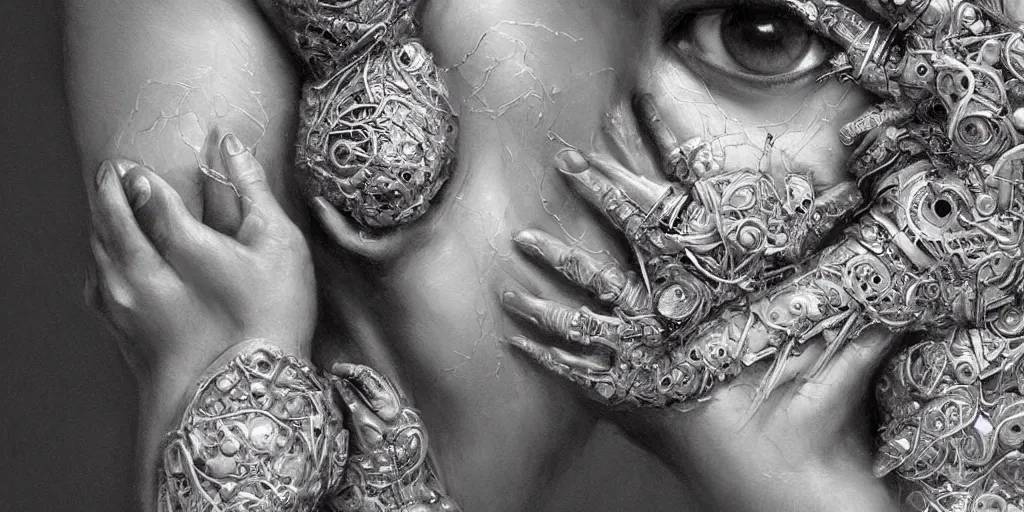 Image similar to hyperrealistic photography of a highly intricate, stunning, beautiful, perfect cyborg female, elbow, knee, intimate, hand holdings, in the style of beth cavener, jin kagetsu,, and wlop, highly detailed, face, eyes closed, symmetry, masterpiece, award - winning, sharp focus, concept art, ambient lighting, 8 k, artstation