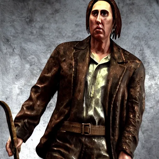 Image similar to nickolas cage holding the green axe from silent hill one, highly detailed, ultra realistic, 4 k