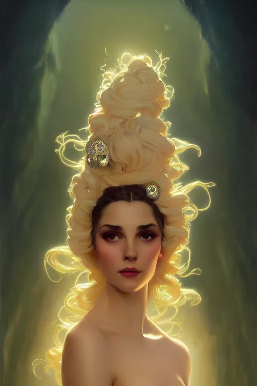 Image similar to ombre velvet gown, beautiful elegant dryad, beautiful face with soft features by leyendecker, long hair, tiara, dozens of jeweled necklaces, by greg rutkowski, brom, anato finnstark, alphonse mucha, oil painting, highly detailed, cinematic lighting, unreal,