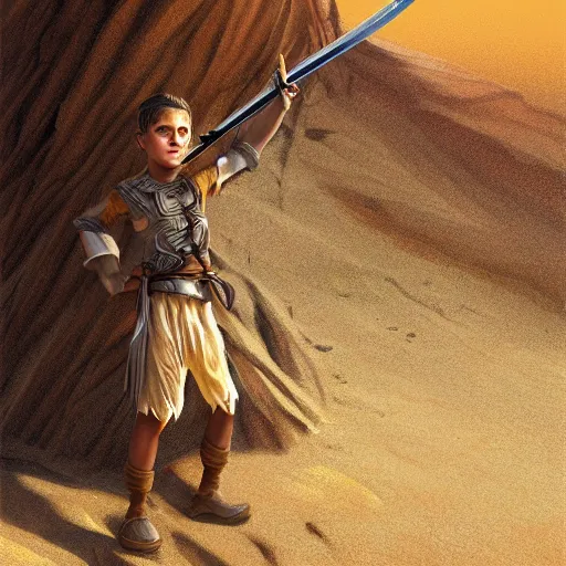 Image similar to a detailed illustration of a boy in the desert holding a sword, fantasy art illustration, incredibly highly detailed and realistic, 8 k, sharp focus