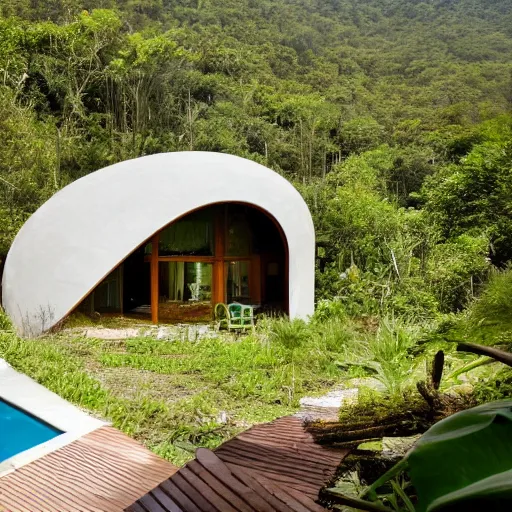 Image similar to curvilinear eco house interior with a small swimming pool. View on outside jurrasic forest