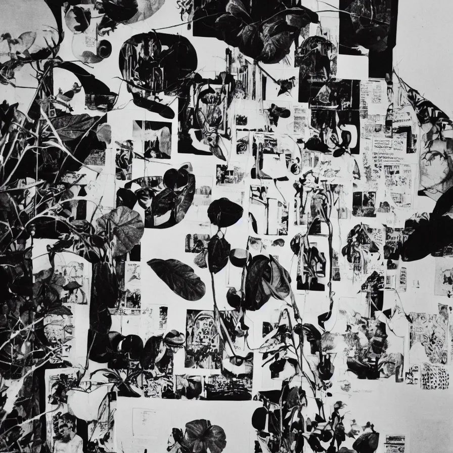 Image similar to A black and white photography of an exhibition space with objects of Sun Ra, Marcel Duchamp and tropical plants, 60s, offset lithography print, newspaper, detail
