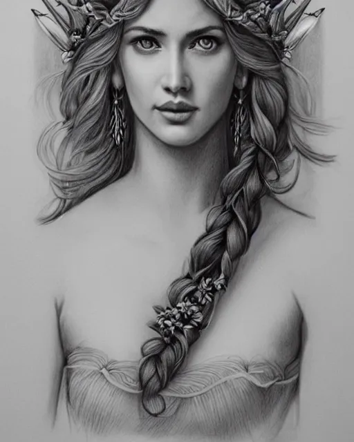 Image similar to pencil drawing of a beautiful greek goddess aphrodite wearing a laurel wreath and arrowhead earrings, beautiful confident eyes, beautiful flowing hair, hyper realistic face, in the style of artgerm, fantasy, amazing detail, epic, elegant, smooth, sharp focus, from the front, long shot