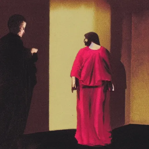 Prompt: A man stands in a black room with one source of light from a lantern it is pink, a woman stands in the dark in a red dress with a slit on her leg, Francis style