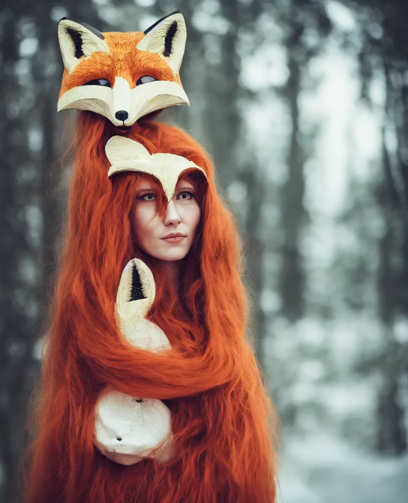 Prompt: a head and shoulders portrait of a beautiful woman wearing a fox mask, long flowing hair, by Nina Masic, by Flora Borsi, by Ilya Kuvshinov, 50mm f/1.4, bokeh, kodak ektar