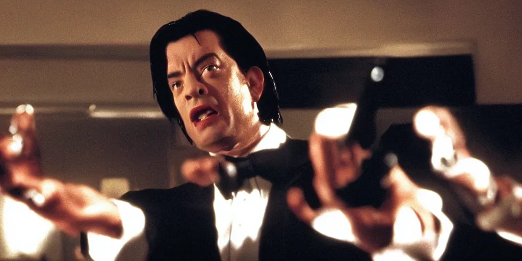 Prompt: Tom Hanks as Vincent Vega in 'Pulp Fiction 2: The Enemy Within' (2004), movie still frame