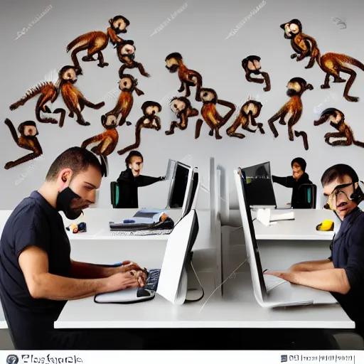 Image similar to 2 5 monkeys using computers, in a well lit office, happy monkey faces, ( ( modern paintings on the walls ) ), photorealistic, studio lighting, stock photo, a real buzz, very busy office, telephones ringing and people chatting