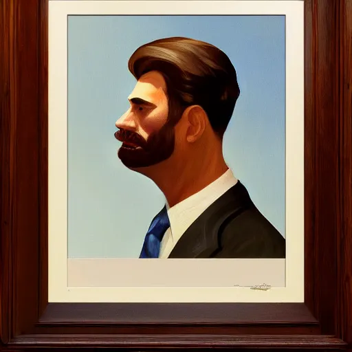 Prompt: a brown haired man with a 5 o'clock shadow mustache, detailed, edward hopper, trending on artstation,