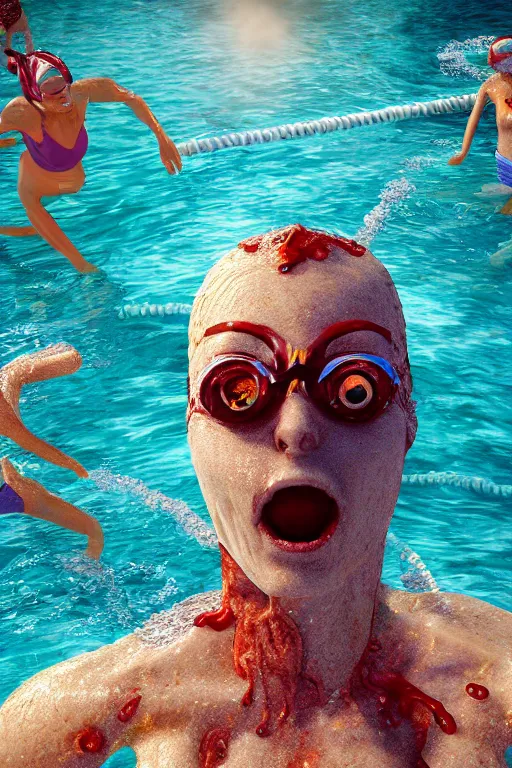 Image similar to summer swimming party, body horror, octane render