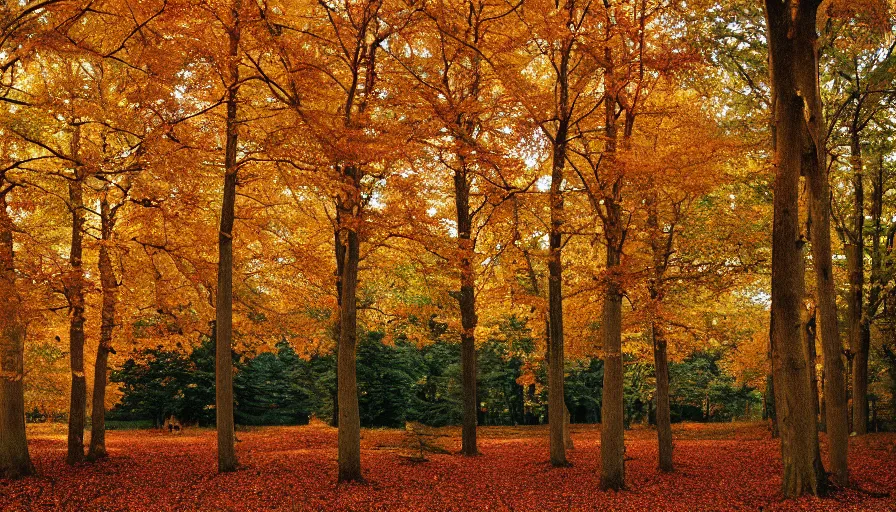 Prompt: maple trees, autumn, new jersey, northwest, farm, cinestill 8 0 0 t 3 5 mm 1 9 8 9, technicolor, heavy grain, high quality, high detail, warm light