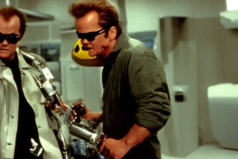 Image similar to Jack Nicholson plays Terminator Pikachu, scene where his endoskeleton gets exposed, still from the film