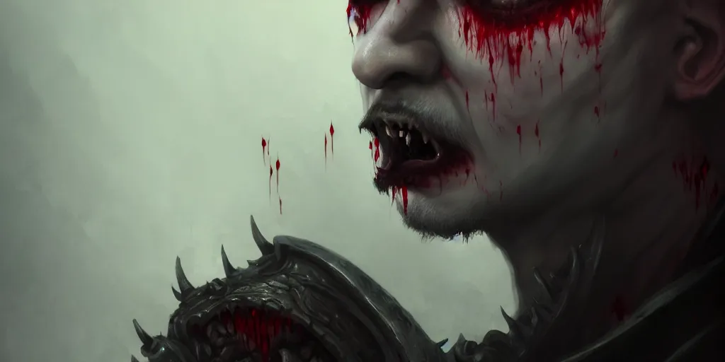 Prompt: ultra detailed close up face portrait of vladimir dracula crying blood on outside of his gothic castle, extremely detailed digital painting, in the style of fenghua zhong and ruan jia and jeremy lipking and peter mohrbacher, mystical colors, rim light, beautiful lighting, 8 k, stunning scene, raytracing, octane, trending on artstation