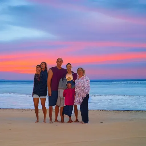 Prompt: photograph of sunset with my family in baron beach by oscar motuloh