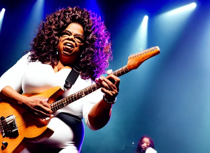 Prompt: publicity photo still of oprah winfrey shredding guitar with every time i die live on stage, 8 k, live concert lighting, mid shot