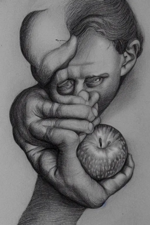 Image similar to isaac newton holding an apple, hand drawing, graphite