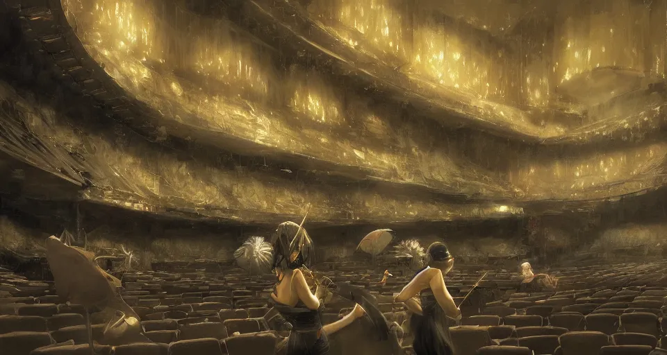 Image similar to craig mullins and ghibli digital art of inside the theater, on the stage, masked female violinists, solo performance ， exotic costumes, gold jewelry, black hair, realistic shading, cinematic composition, realistic render, octane render, detailed textures, photorealistic, wide shot