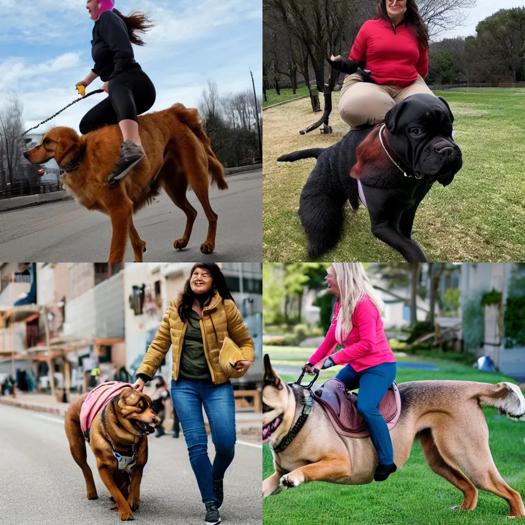 Prompt: A woman riding an enormous dog