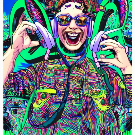 Prompt: artgerm, psychedelic laughing monkey, rocking out, headphones dj rave, digital artwork, r. crumb, svg vector