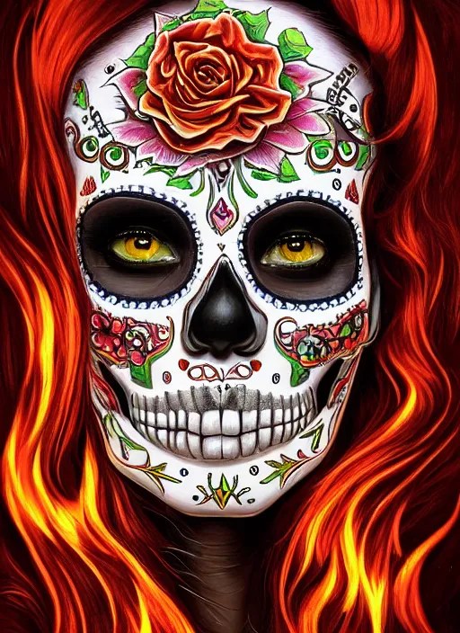 Image similar to portrait of a sugar skull, flaming eyes, intricate, highly detailed, smooth, digital illustration, artstation, the dark and quirky art of scott radke