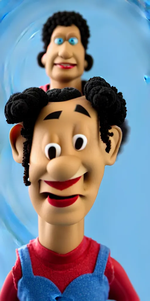 Prompt: claymation character, man with black curly hair and a smile