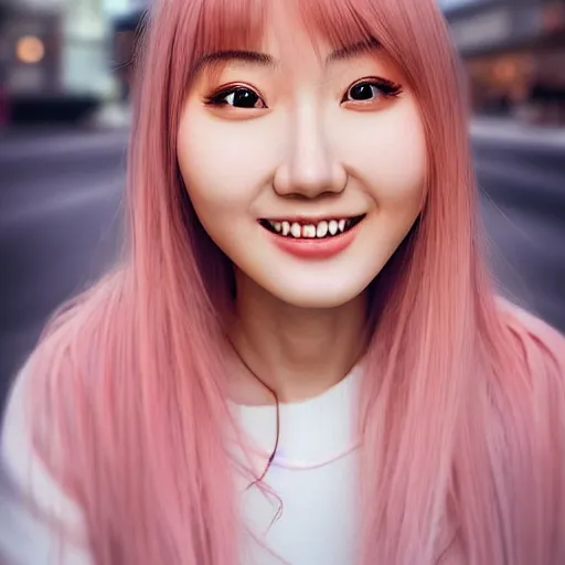 Image similar to beautiful hyperrealism selfie of nikki 苏 暖 暖 from shining nikki, a cute 3 d young woman smiling sofly, long light pink hair and full bangs, flushed face, blushing, small heart - shaped face, soft features, amber eyes, chinese heritage, golden hour, 8 k, sharp focus, instagram